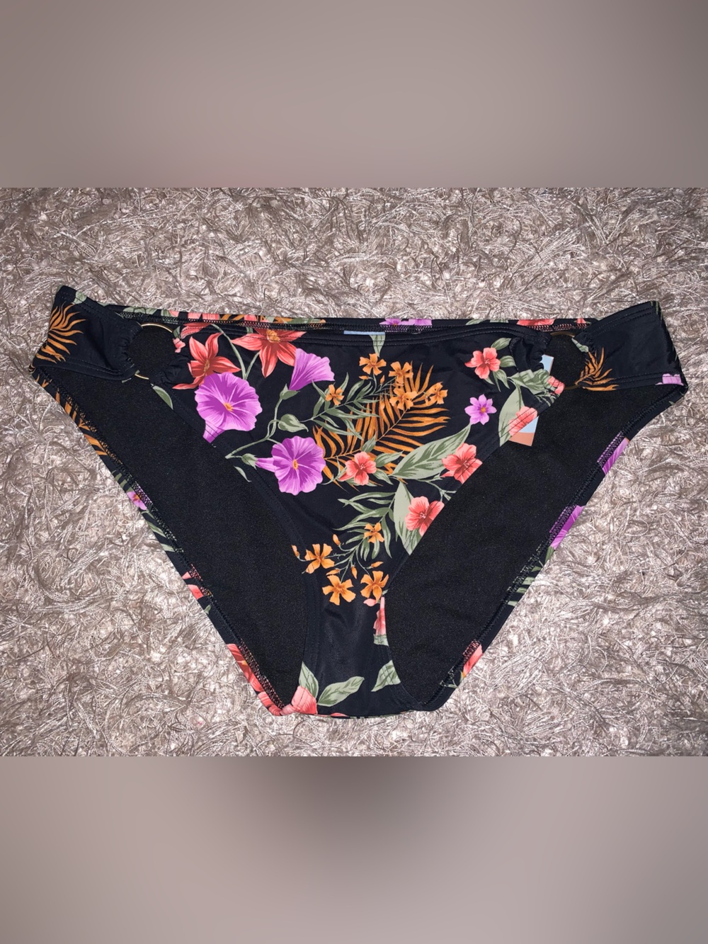 Shade & Shore Black Floral Low Rise Bikini Bottoms size L NWT